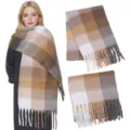 Women thick mohair plaid scarf variant, cozy winter fringe shawl and wrap in brown grey tone. - Plaid: Brown Yellow