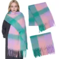 Cozy thick mohair plaid scarf for women, colorful checked winter shawl with fringe details. - Plaid: Green Pink Purple