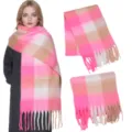 Cozy winter pink plaid scarf with thick tassels, soft warm mohair shawl for women. - Plaid: Barbie Pink