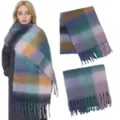 Chic mohair colorful plaid scarf with thick fringe, warm winter shawl for women and girls. - Plaid: Grey Green