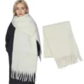Dicke Mohair Winter Schal mit Fransen, einfarbig weiss Damen Tuch fuer kalte Tage warm tragen - Cremegelb / Über 175cm