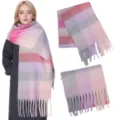 Colorful plaid mohair scarf with fringe, thick winter warm shawl for women and girls. - Plaid: Pink