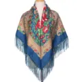 Gedetailleerd overzicht van de vintage etnische blauwe franje sjaal met bloemenprint. - Teal