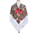 Detail van de Russische bloemige vierkante sjaal, elegante witte omslagdoek met franjes. - Wit