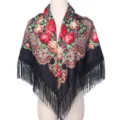 Retro etnische stijl bloemenprint kwastje sjaal vrouwen vintage roos patroon omslagdoek - Zwart
