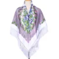 Women ethnic floral fringe shawl Russian retro style decorative scarf large square wrap - White