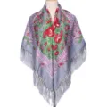Detailed view of grey Russian floral printed square shawl with elegant long fringes for women. - Gray