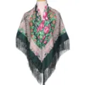 Donkergroene etnische franje sjaal vintage bloemenprint elegante dames winter omslag - Legergroen