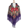 Etnische bloemenprint franje sjaal omslagdoek, traditionele Russische stijl retro cape. - Nobel Paars