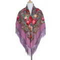 Etnische bloemenprint vierkante sjaal vintage Russische stijl kwastjes omslagdoek - Oudroze