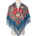 Vue détaillée châle à fleurs, motif rose vif, détails cachemire, franges délicates. - Turquoise