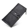 Billetera larga de cuero genuino negro para hombre con botón de presión y ranuras. - Negro