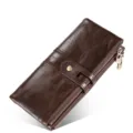 Cartera larga de cuero para hombre, bolso de mano vintage marrón oscuro con cremallera. - Café