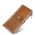 Cartera larga de cuero genuino marrón, bolso de mano vintage multifuncional con broche y cremalleras. - Marrón