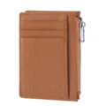 Slim brown leather cardholder featuring multiple card slots and a convenient side zipper pocket. - Brown