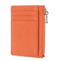 Orange leather card holder with multiple slots and side zipper pocket for daily use. - Orange