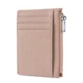 Slim leather card holder with zipper pocket and multiple card slots in pink color. - Pink