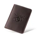 Vintage brown crazy horse leather passport cover with embossed travel passport design. - Coffee
