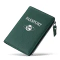 Funda de pasaporte de cuero verde oscuro con cremallera, cartera de documentos de viaje RFID. - Verde Oscuro