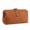 Genuine leather cosmetic bag brown pebble grain kiss-lock clutch toiletry pouch daily use - Brown - Large Litchi Grain