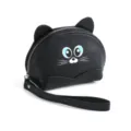 Monedero de gato lindo de cuero genuino negro con correa de muñeca y cremallera para mujer. - Negro