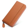 Cartera larga de cuero genuino marrón con cremallera y grano litchi, elegante tarjetero estuche. - Marrón