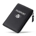 Fundas de pasaporte de cuero genuino negro con bloqueo RFID, billetera con cremallera - Negro