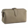 Elephant Grey Litchi Grain Leather Kiss-Lock Cosmetic Pouch Vintage Clutch Handbag Style - Grey - Large Litchi Grain