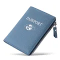 Porta pasaporte de cuero azul con cremallera, estuche de viaje para tarjetas y documentos. - Azul Denim