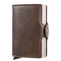 Tarjetero automático de hombre en cuero PU marrón, cartera slim con estuche de metal. - Café