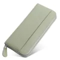 Cartera larga de cuero verde claro con cremallera, tarjetero de piel auténtica. - Verde matcha