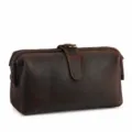 Brown crazy horse leather cosmetic bag, vintage genuine leather kiss-lock clutch pouch. - Coffee - Crazy Horse Texture