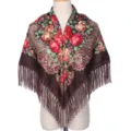 Écharpe châle à franges imprimé floral vintage ethnique pour femme, accessoire rétro. - Café