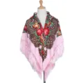 Elegante scialle rosa con stampa floreale in stile russo e frange per donna foulard - Rosa