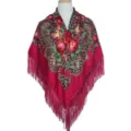 Scialle quadrato con stampa floreale stile russo etnico con frange per donne. - Rosso rosa