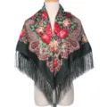 Châle écharpe à franges imprimé floral ethnique vintage femme élégant foulard rétro - Vert Militaire