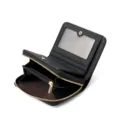 Monedero corto de mujer de cuero genuino negro con bolsillo con cremallera y ranuras para tarjetas. - Negro