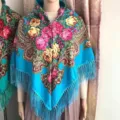 Stile etnico sciarpa quadrata stampa floreale russa scialle con frange blu donna - Celeste