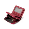 Monedero corto de cuero genuino rojo para mujer con monedero con cremallera y ranuras - Burdeos