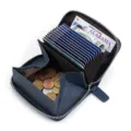 Tarjetero de acordeón de cuero genuino con cremallera y compartimento para monedas. - Azul Denim