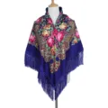 Scialle quadrato etnico con stampa floreale russa, elegante foulard vintage con frange. - Blu Zaffiro