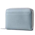 Monedero y tarjetero de cuero azul claro con cremallera, cartera compacta para mujer. - Azul claro