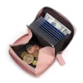 Pink leather accordion card wallet with zipper, multiple slots and coin pocket. - Pink