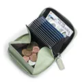 Green leather RFID blocking accordion card holder wallet with zipper and coin pocket. - Light Green