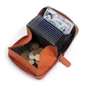 Orange genuine leather accordion card wallet with zipper, multiple slots and coin pocket. - Orange