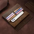 Vintage crazy horse leather long wallet for men with multiple card slots and phone pocket. - Brown Trifold Long Wallet