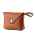 Mini brown leather coin purse with snap closure and wrist strap for women daily use. - Brown