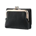 Black genuine leather kiss-lock short wallet for women with metal clasp and card slots. - Black