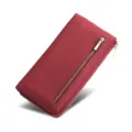Cartera larga de cuero rojo para mujer con cierre de cremallera y múltiples ranuras para tarjetas. - Rojo