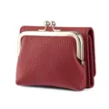 Women's leather kiss-lock short wallet, wine red tri-fold coin purse with card slots. - Burgundy